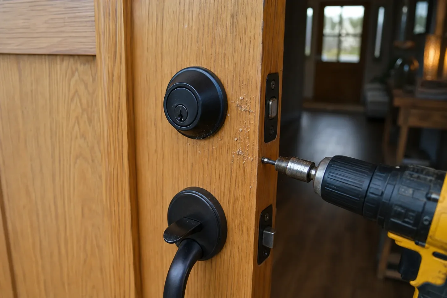 New deadbolt being installed in a front door
