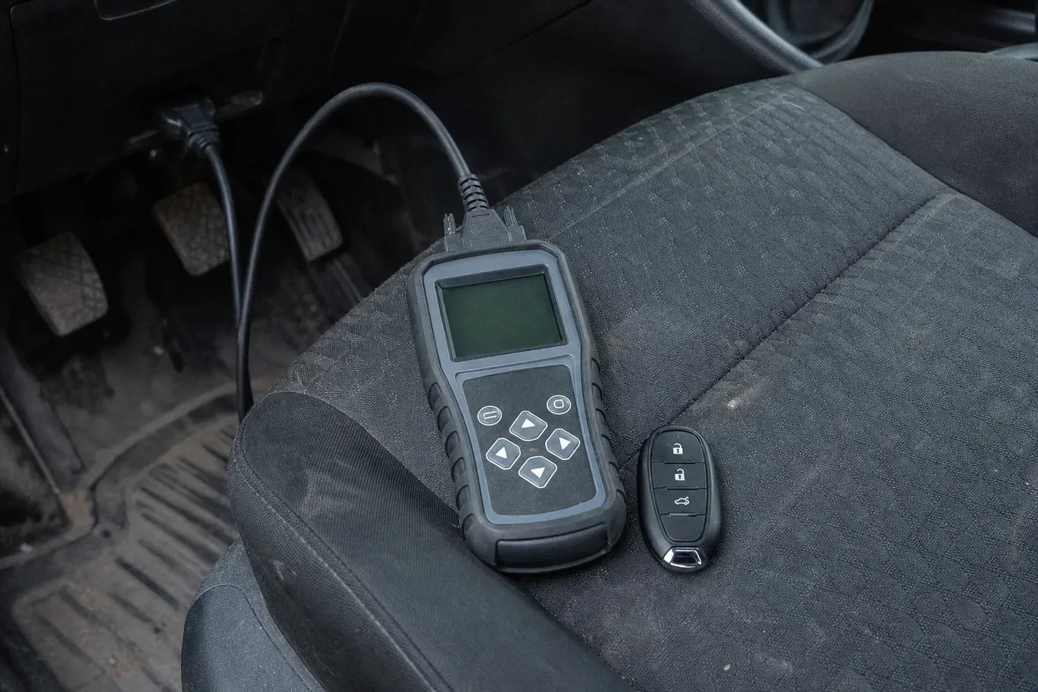 Car key programmer plugged into the OBD port, SC