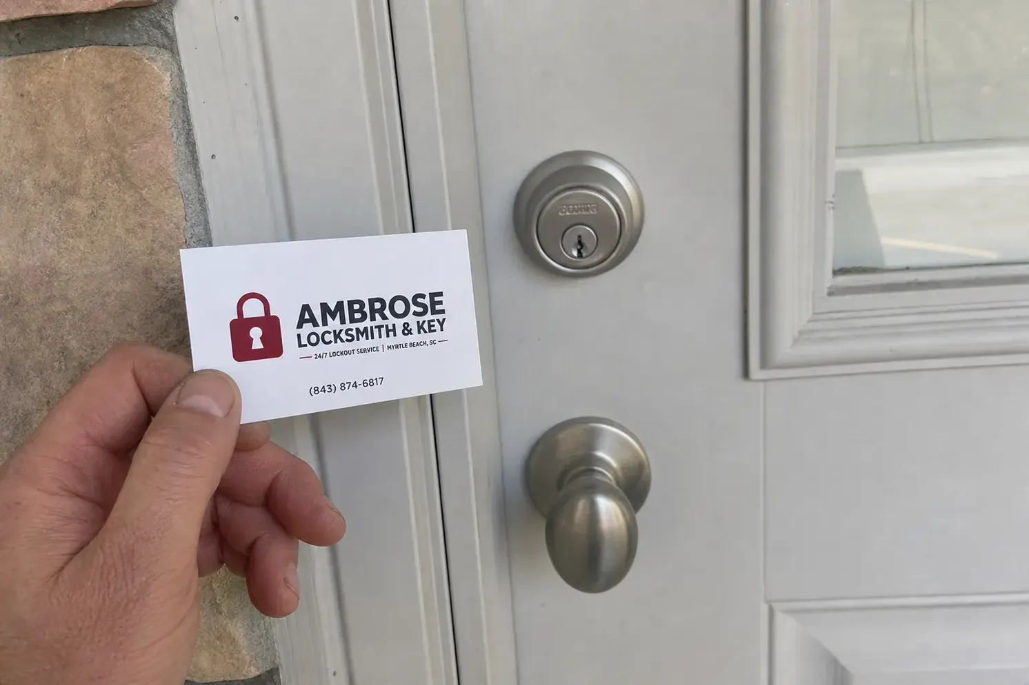 Ambrose Locksmith & Key business card left at a job, SC